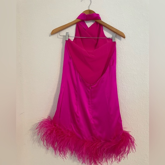Amanda Uprichard 100% Silk Lunaria Feather-Trim Halter Dress, Small, Hot Pink - Picture 8 of 11